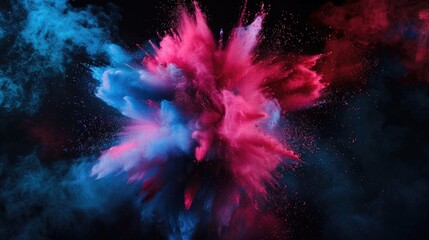 Colored powder explosion. Abstract closeup dust on backdrop. Colorful explode. Paint holi