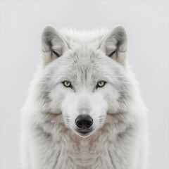  Intense white wolf with piercing eyes, captured in a serene white backdrop, exuding a wild and mystical presence.