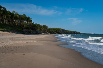 View of the Baltic Sea coast near the village of Lesnoy on the Curonian Spit on a sunny summer day, Kaliningrad region, Russia