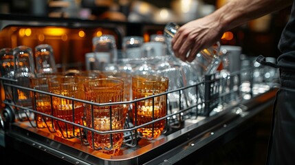A bartender's hand reaches into a rack of clean glasses, ready to serve customers at a busy bar.