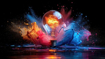 Creative light bulb explodes with colorful paint and splashes on a black background. Think differently creative idea concept