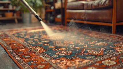A close-up of a steam cleaner being used to clean a rug