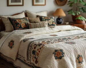 A cozy bedroom with a cream-colored quilt featuring floral and geometric designs. The bed is styled with multiple pillows, a lamp, and a plant.
