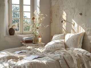 A cozy bedroom with a white bed, fluffy pillows, and natural light streaming in through the window.  The room is decorated with dried flowers and a rustic wooden nightstand.