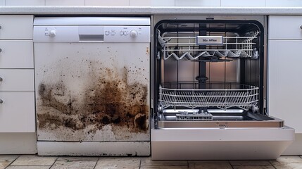 A dirty and neglected dishwasher with food debris and stains on the front. The door is open, revealing an empty, clean interior.