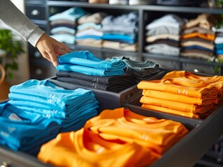 A hand reaches into a drawer full of neatly folded, colorful t-shirts.