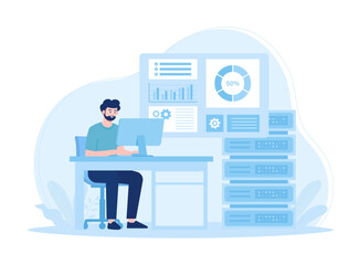 Man working on data analysis computing process using cloud technology software concept flat illustration