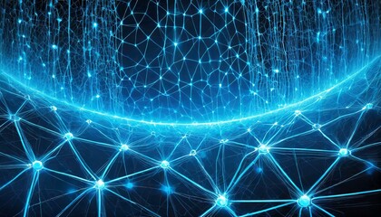 テクノロジー、網目状の青い電流、幻想的に輝く、くっきりとシンプル、クールでスタイリッシュに表現 Generated by AI