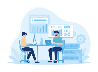 Man working on data analysis computing process using cloud technology software concept flat illustration