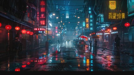 Cyberpunk streets illustration, futuristic city, dystoptic artwork at night, 4k wallpaper. Rain foggy, moody empty future