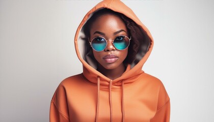 Young Afro-american woman wearing orange hoodie and color sunglasses.