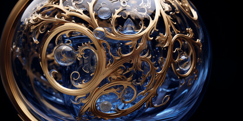 
A hyper-realistic photograph of a glass sculpture, showcasing elegant indigo and gold designs with intricate detailing.