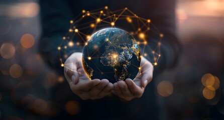 Fototapeta premium Person holding illuminated globe with digital connections. global network and connectivity, business world, warm lighting, commercial photography