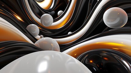 3D rendering. Black and white glossy waves with pearl spheres. Abstract background.