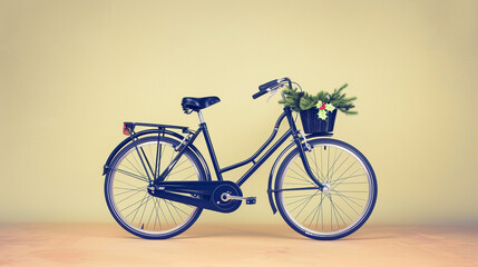 A festive black bicycle with a front basket of holiday greens, vividly set against a festive light yellow background.