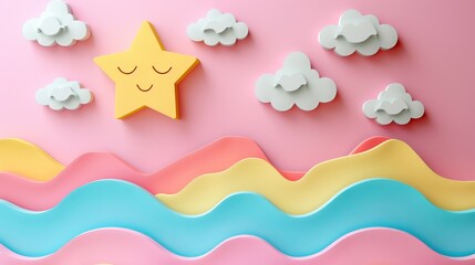 A cute, smiling star surrounded by fluffy clouds and other stars. Contrasting with the dreamy pastel sky