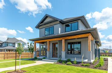 A modern grey craftsman style home with vinyl siding, wooden accents and large windows on the front sits in an upscale neighborhood with lush green grass