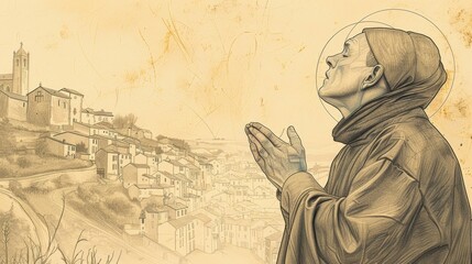 Fototapeta premium Biblical Illustration of St. Roch in Prayer in 14th-Century French Village, Beige Background, Copyspace
