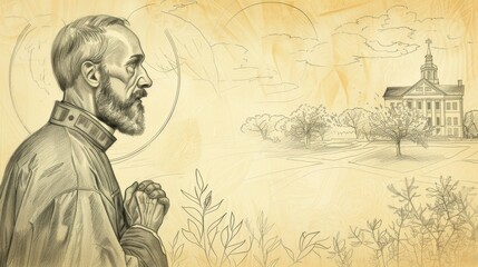 Biblical Illustration of St. Theodore Guerin Founding School in 19th-Century Indiana, Beige Background, Copyspace