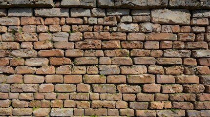 Obraz premium Ancient stone wall of an 18th century castle or fortress with weathered and cracked bricks in close up view.
