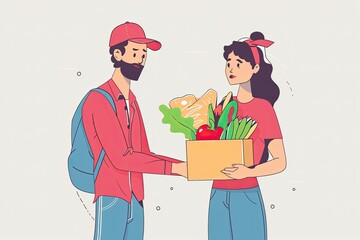 A prompt food delivery service person in a red uniform delivering fresh food to the recipient. A young woman customer receiving her order from the courier, illustrating express delivery and online sho