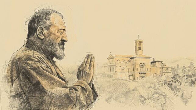 Biblical Illustration of St. Pio of Pietrelcina in Prayer in 20th-Century Italian Monastery, Beige Background, Copyspace