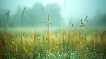 Beautiful natural panoramic countryside landscape. Blooming wild high grass in nature after rain in the morning.