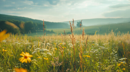 Fototapeta premium Beautiful natural panoramic countryside landscape. Blooming wild high grass in nature after rain in the morning.