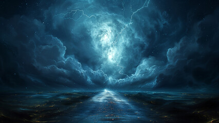 A lonely road disappearing into intense stormy clouds