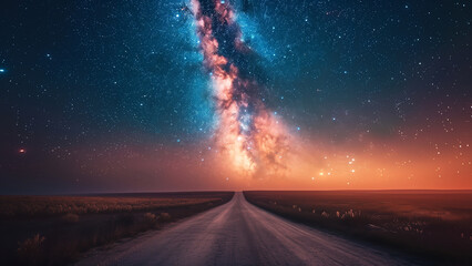 An asphalt road disappearing beneath the Milky Way