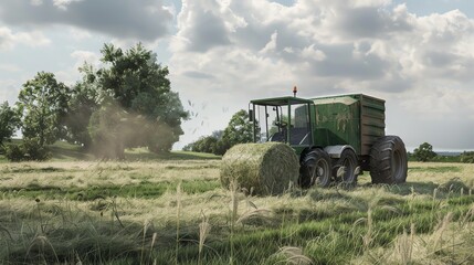 Fototapeta premium Baler machine creating hay bales, on a field with scattered hay, realistic render