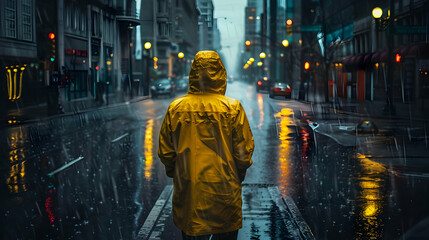 Obraz premium High-contrast image of a person wearing a yellow raincoat in a dark, rainy street, with light and shadow emphasizing the coat's bright color and the rainy atmosphere.