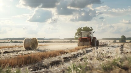 Fototapeta premium Baler machine creating hay bales, on a field with scattered hay, realistic render