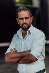 Fototapeta premium A successful businessman in a white shirt with crossed arms posing outdoors