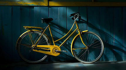 High-contrast image of a yellow vintage bicycle against a dark wall, with light creating reflections and shadows that enhance the bicycle's classic lines.