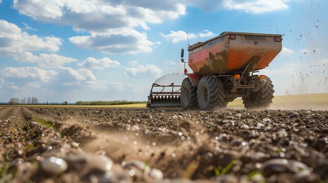 Fertilizer spreader on a crop field, spreading fertilizer, high detail