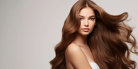 A Supermodel woman with shiny thick blond hair , hair care, wig, shampoo