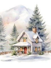 Naklejka premium Christmas Winter Cottage House Nature Watercolor Art