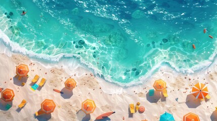 Obraz premium Cheerful cartoon beach scene. Bright sand stretches towards sparkling turquoise water, while colorful umbrellas and playful surfboards promise a day of endless summer fun