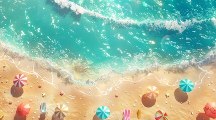 Fototapeta premium Bright sand meets sparkling blue waves, and playful beach accessories like umbrellas and surfboards set the stage for a day of carefree adventures