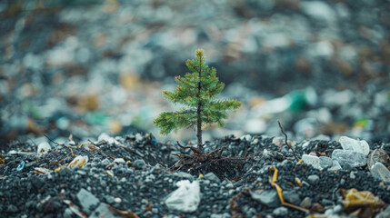 A small tree emerging from a mound of plastic waste.