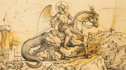 Biblical Illustration of St. George Slaying Dragon in Medieval Landscape, Beige Background, Copyspace