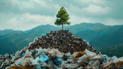 A small tree emerging from a mound of plastic waste.