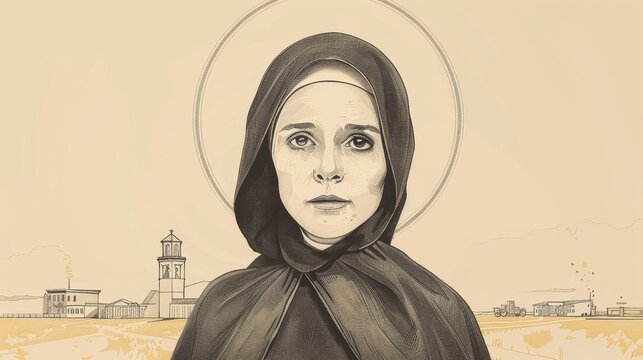 Biblical Illustration of St. Frances Xavier Cabrini Serving Immigrants in Early 20th-Century America, Beige Background, Copyspace