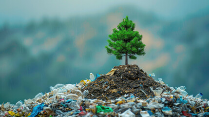 A lone pine tree growing on a pile of plastic waste.