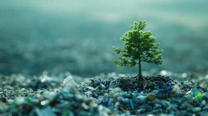 A small tree growing amidst a pile of plastic waste.