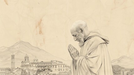 Fototapeta premium Biblical Illustration of St. Gerard Majella in Prayer in 18th-Century Italy, Beige Background, Copyspace