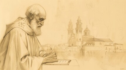 Fototapeta premium Biblical Illustration of St. Isidore of Seville Writing in 7th-Century Spanish Church, Beige Background, Copyspace
