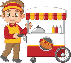 Young caucasian seller standing with hot dog cart