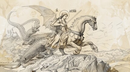 Fototapeta premium Biblical Illustration of St. George the Martyr Slaying Dragon in Medieval Landscape, Beige Background, Copyspace